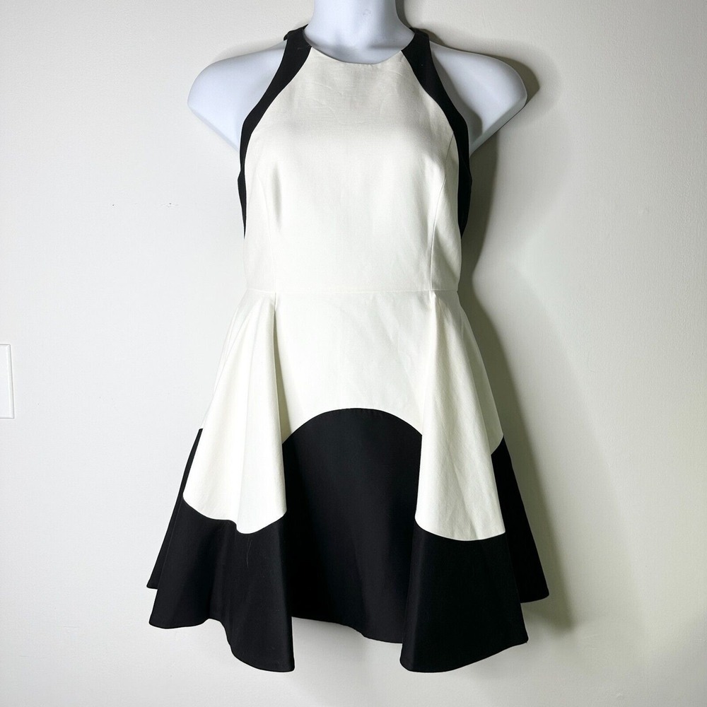 Halston Heritage Mini Dress Women 10 White Black Colorblock Silk Cocktail NWT